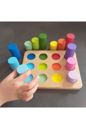 Montessori Cylinders With Matching Table & Educational Cards & Solid Wood