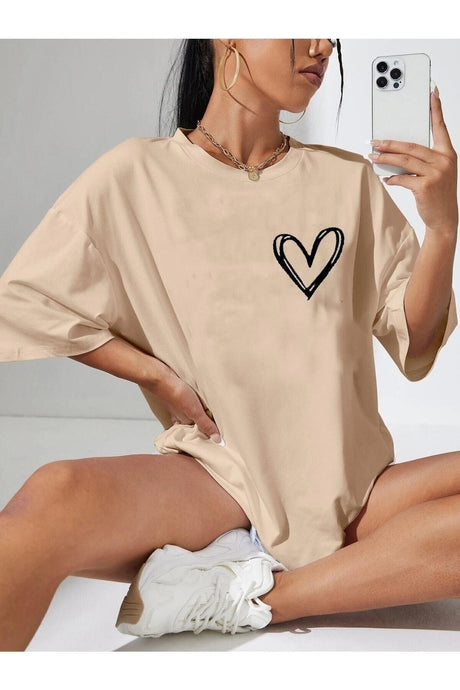 Minimal Heart Printed Light Brown Oversize Tshirt - Swordslife