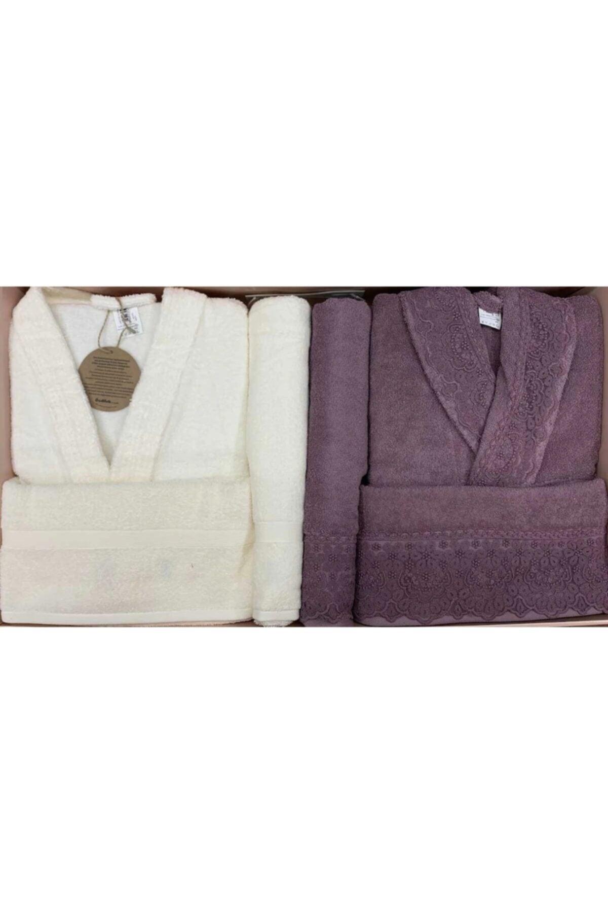 Orkide Guipure Family Bathrobe Set Cream (L), Plum (M) - Swordslife