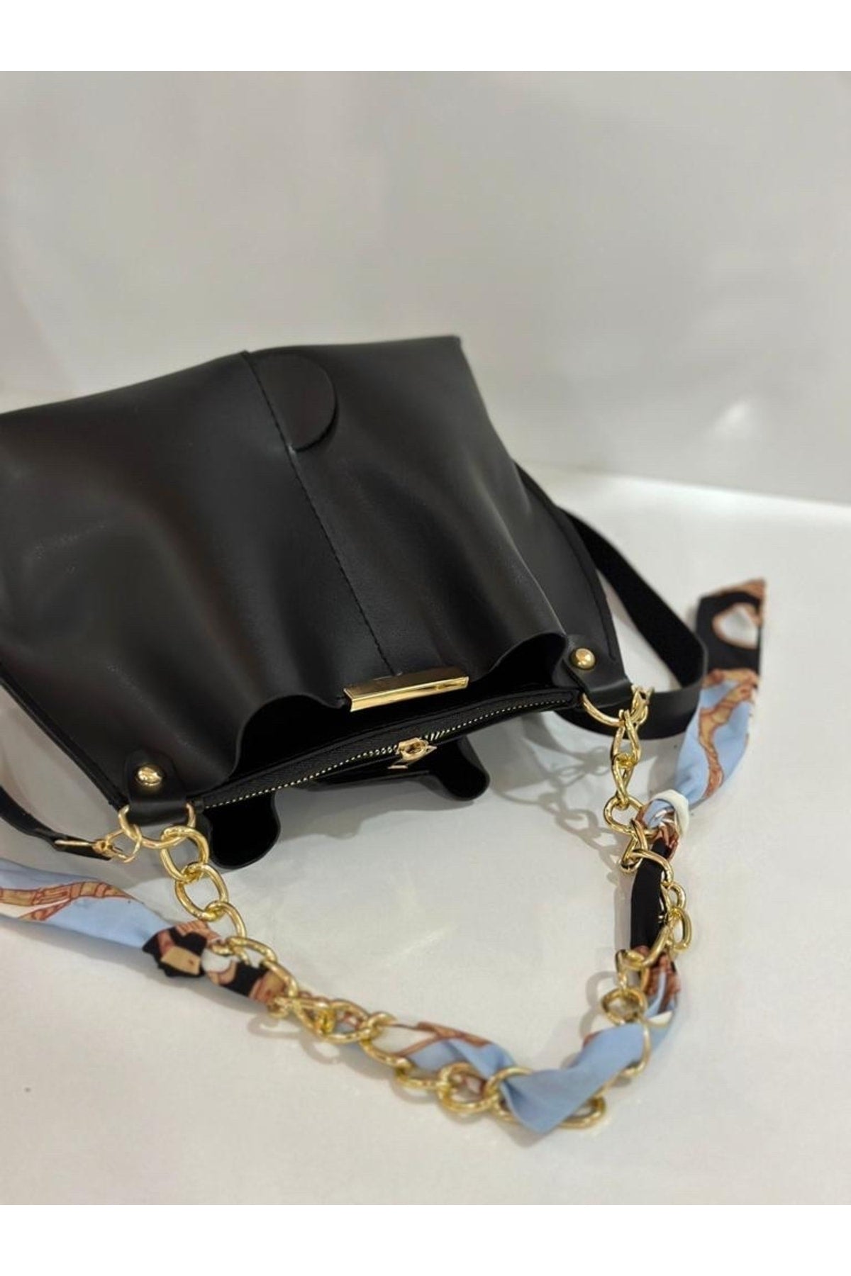 Women's Scarf Chain Accessory Soft Leather Bag Black.