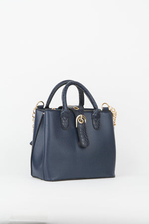 Women'S Navy Blue Croco Handle 2 Compartment Snap Zipper Closure Hand And Shoulder Bag With Strap