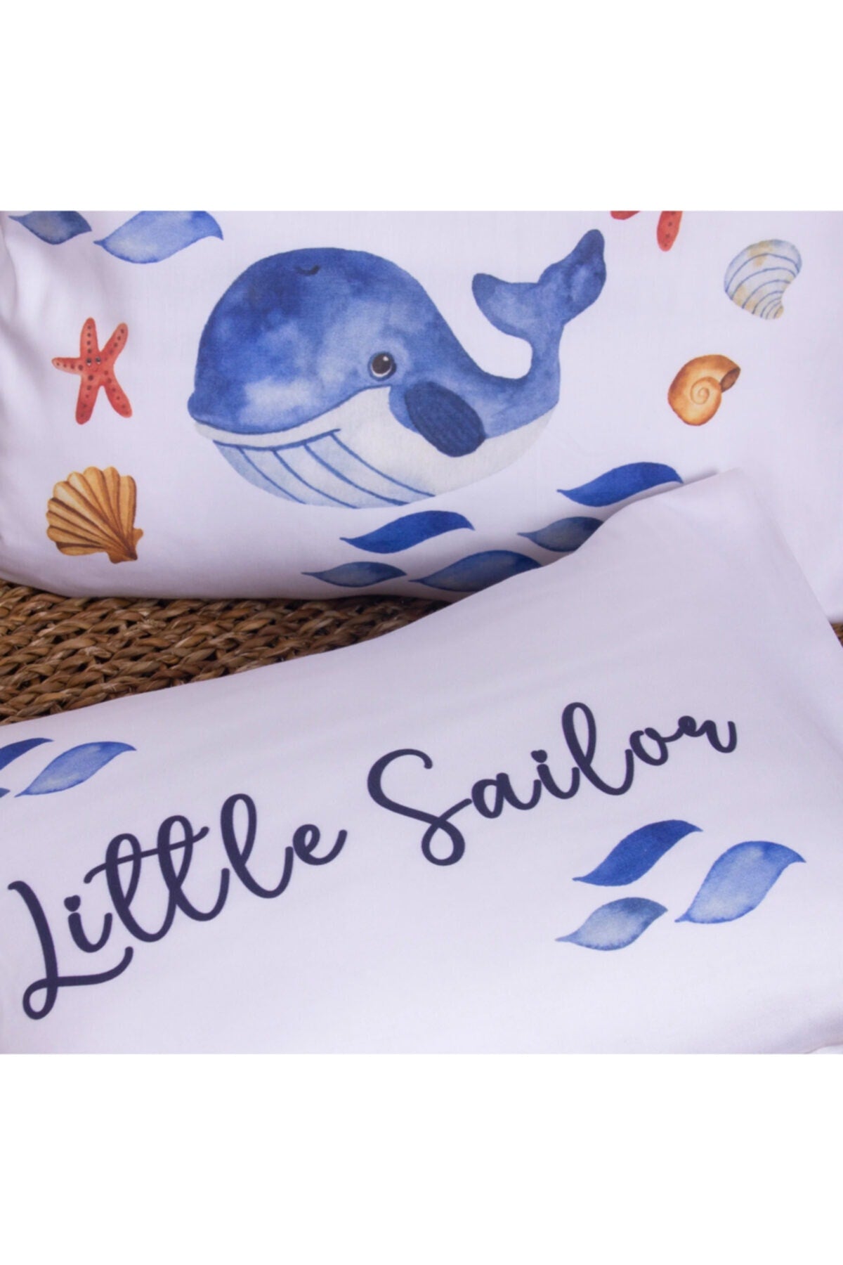 ORGANIC MUSLIN PICTURE AND COTTON SATIN BABY BEDDING - Whale AND SEA THEMED