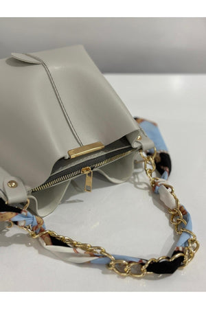 Women'S Scarf Light Gray Chain Accessory Soft Leather 3-Compartment Hand, Arm And Shoulder Bag