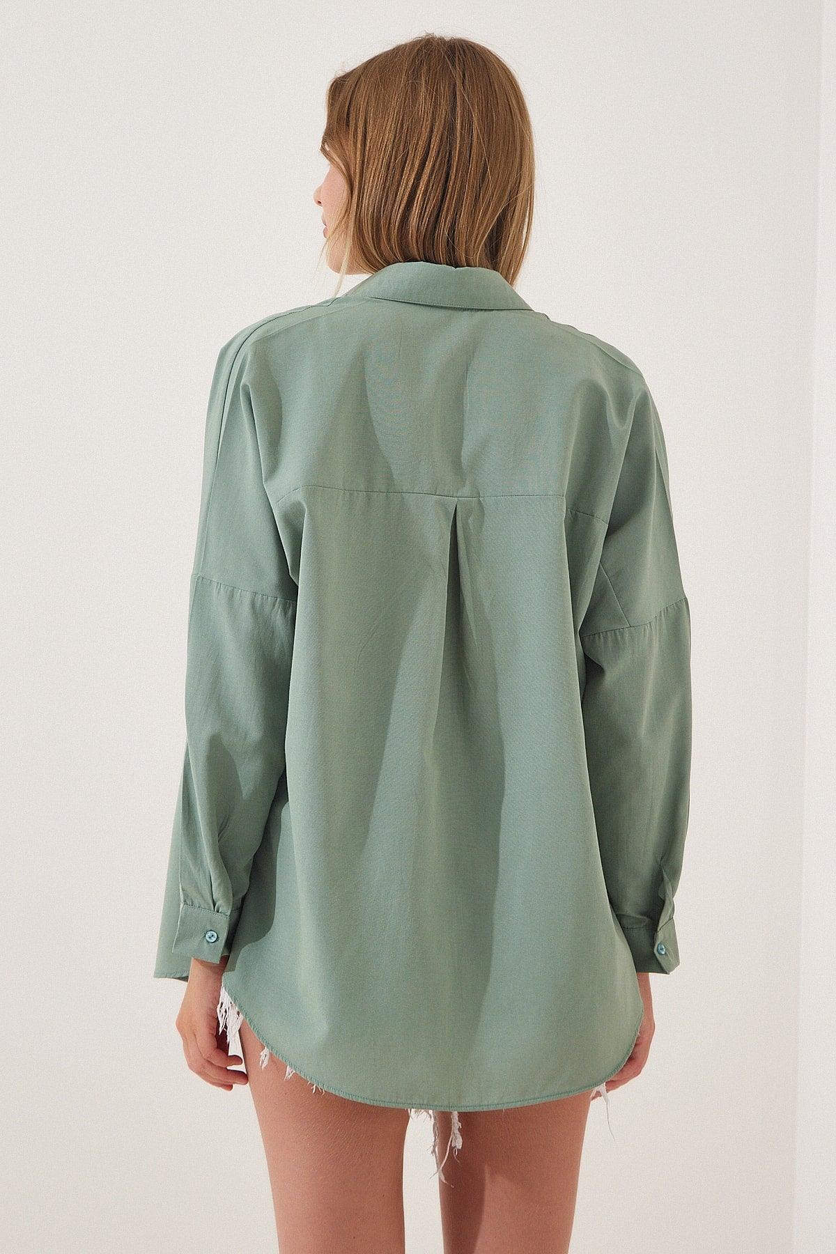 Women's Dark Green Oversize Long Basic Shirt DD00842 - Swordslife