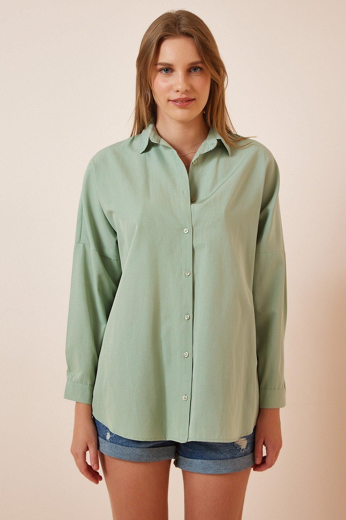 Women's Green Oversize Long Basic Shirt DD00842 - Swordslife