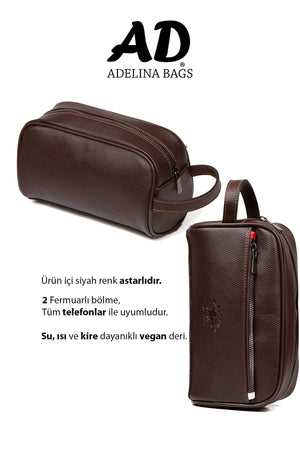 Adelina Men'S Leather Portfolio Clutch Bag Travel Shaving Cosmetic Clutch Bag Dark Brown