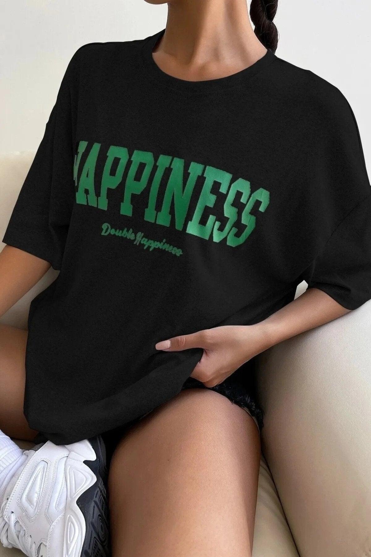 Women's Oversize Hapiness Printed Black T-shirt - Swordslife