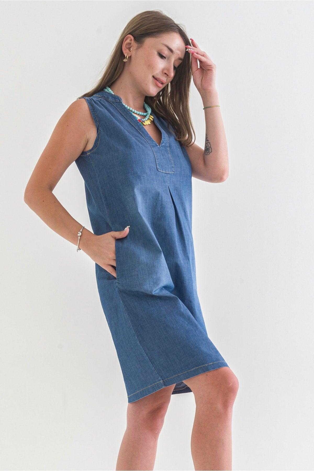 Women's Pocket Washed Cotton Blue Denim Dress - Swordslife