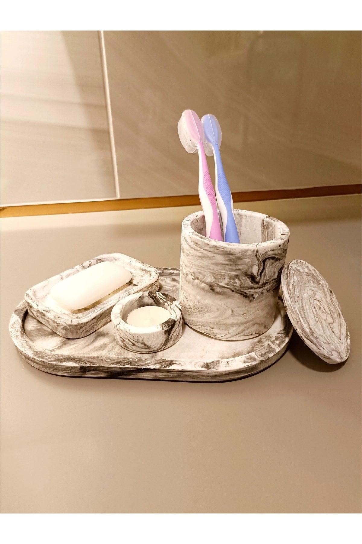 Marble Series Marble Look Bathroom Set & Tray Soap Dispenser Toothbrush - Swordslife