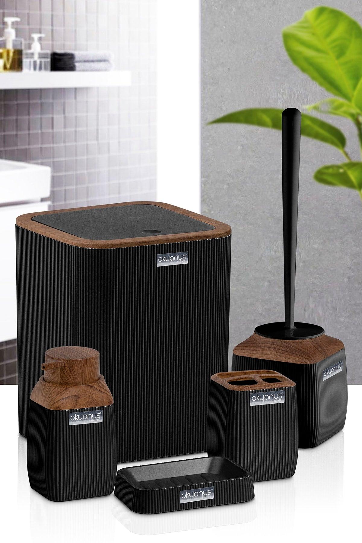 Wooden Patterned Striped 5 Piece Bathroom Set - Black - Swordslife