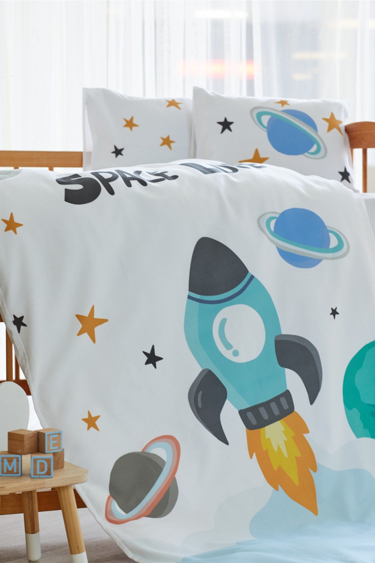 Organic Full Set Printed Cotton Satin Baby Duvet Cover Set - Rocket And Space Theme