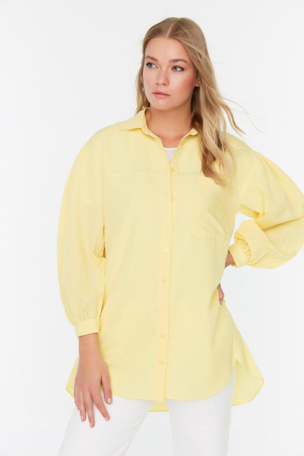 Yellow Balloon Back Sleeve Long Pocket Detailed Basic Woven Shirt TCTSS21GO0976 - Swordslife