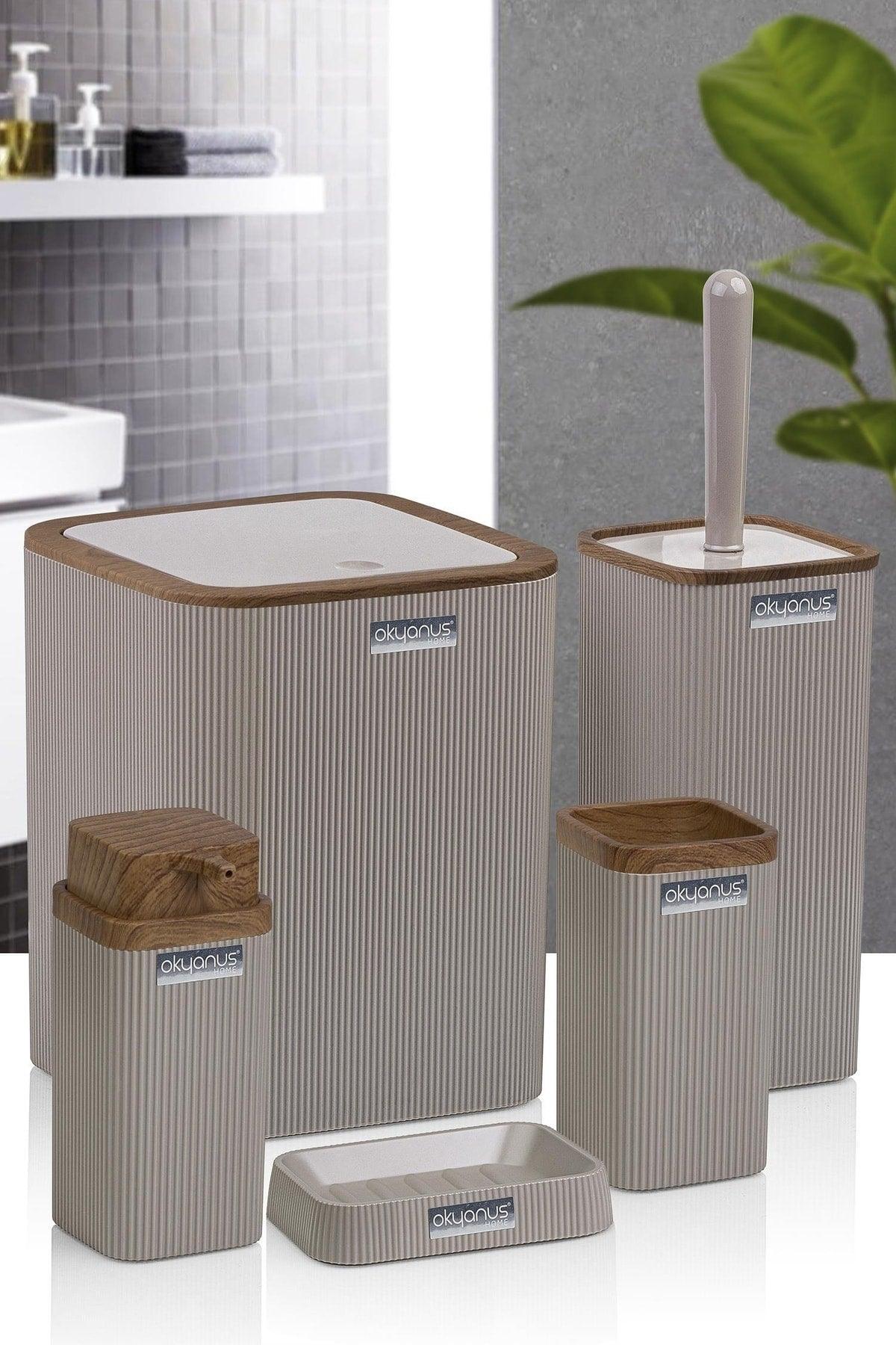 Stella Mink Wooden Patterned Striped 5 Piece Bathroom Set - Swordslife