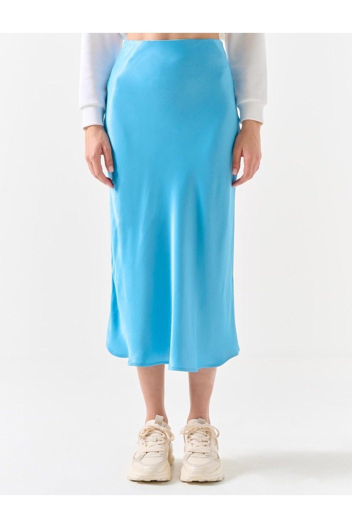 Light Sky Blue Straight Cut High Waist Midi Satin Skirt - Swordslife