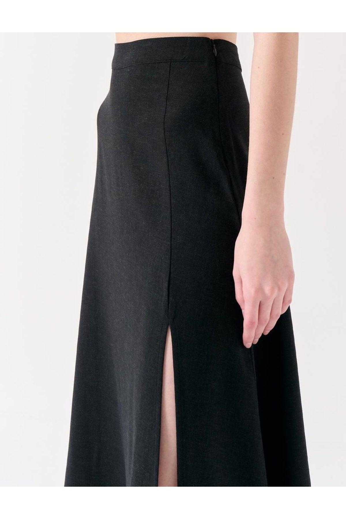 Black High Waist Slit Linen Midi Skirt - Swordslife