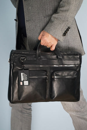 Men'S Black Genuine Leather Large Size Briefcase Laptop Hand And Shoulder Bag