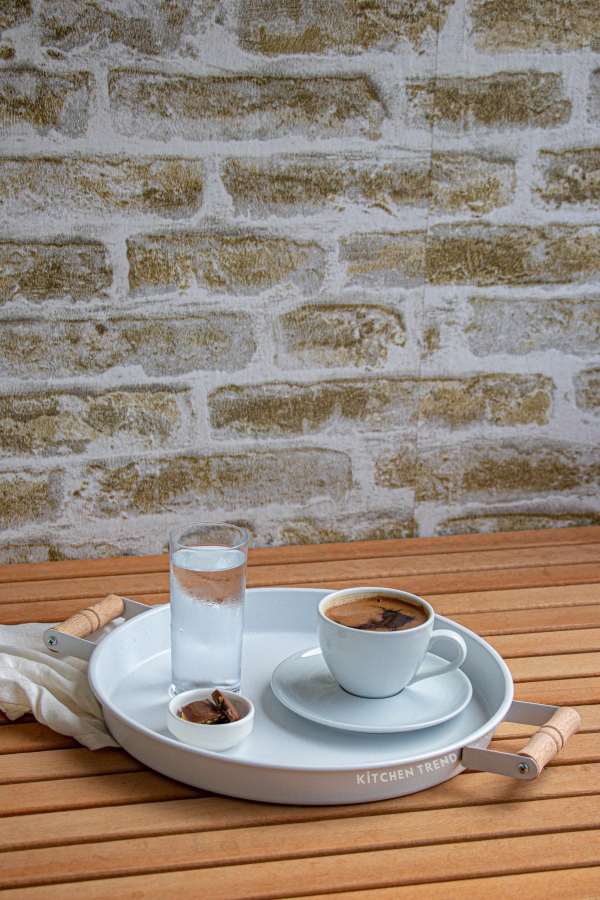 2 Wooden Handled 45 Cm Metal Tray And 30 Cm White Tray Tea Coffee Serving Tray
