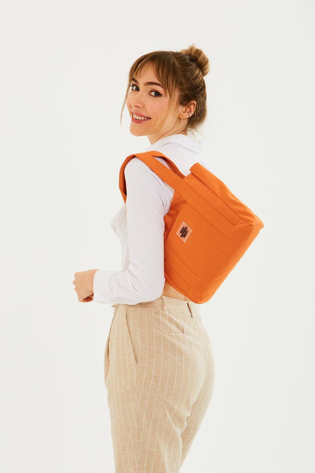 Orange U37 Snap Closure 2 Compartment Front Pocket Detailed Canvas Fabric Daily Women's Arm And Shoulder Bag