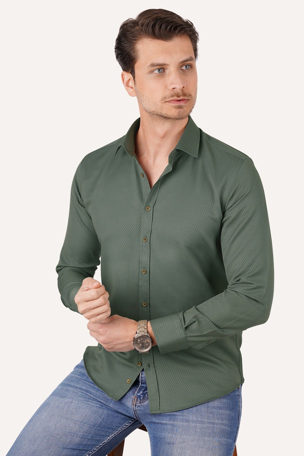 Cactus Green Brown Buttoned Slimfit Men'S Shirt With Box