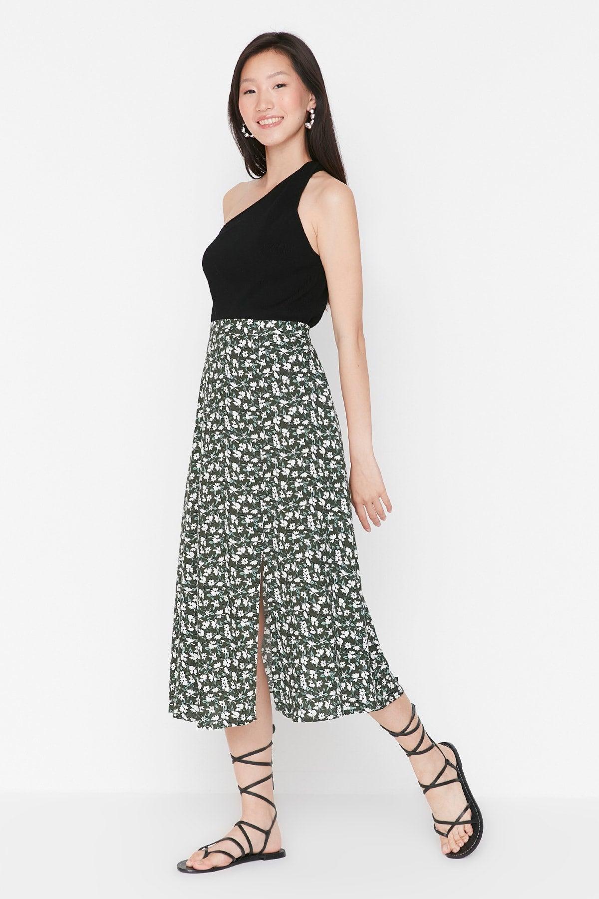 Khaki Midi Woven Slit Detailed Viscose Fabric Floral Patterned Skirt TWOSS20ET0230 - Swordslife