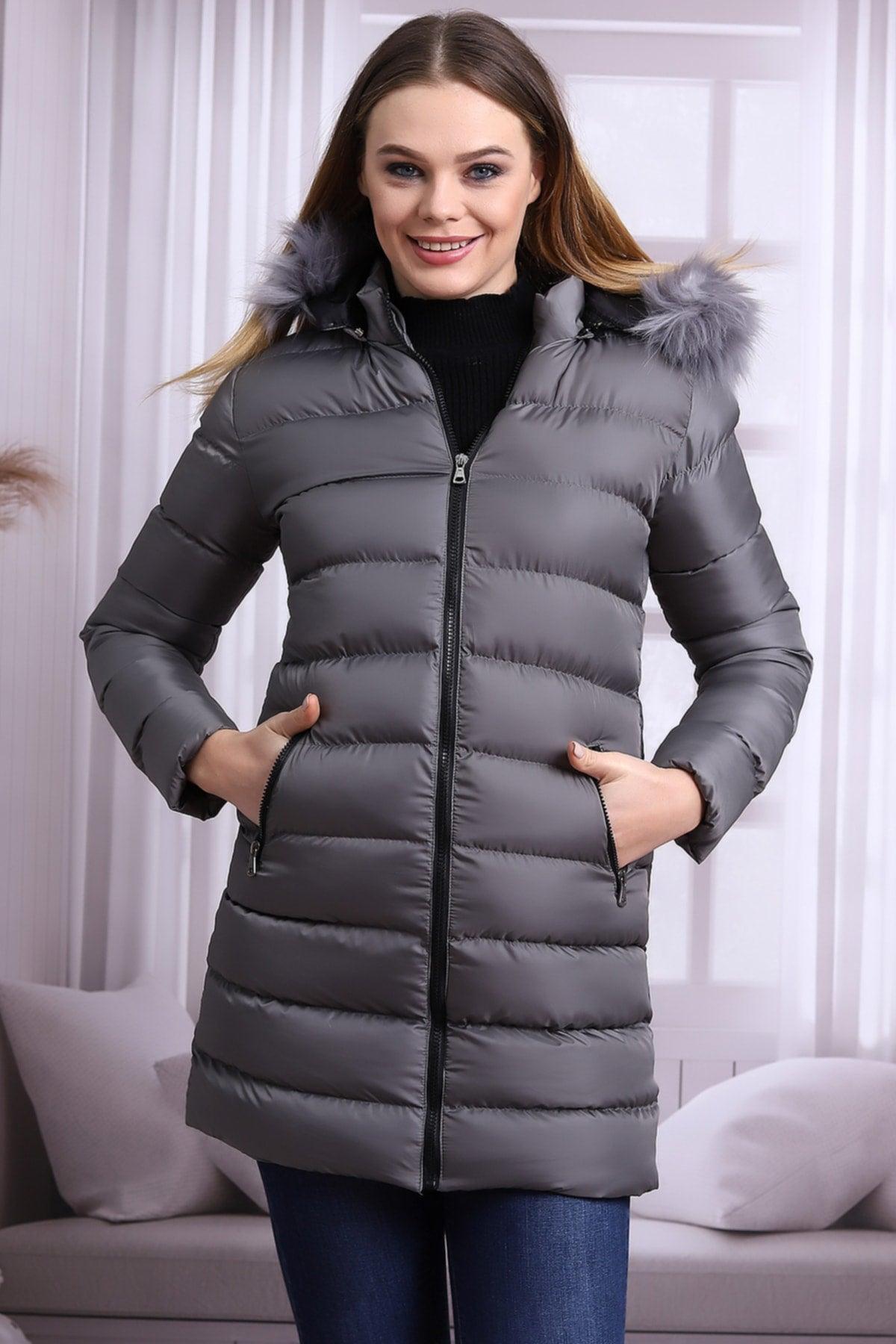 Gray Color Women's Plush Microgel Inflatable Coat - Swordslife