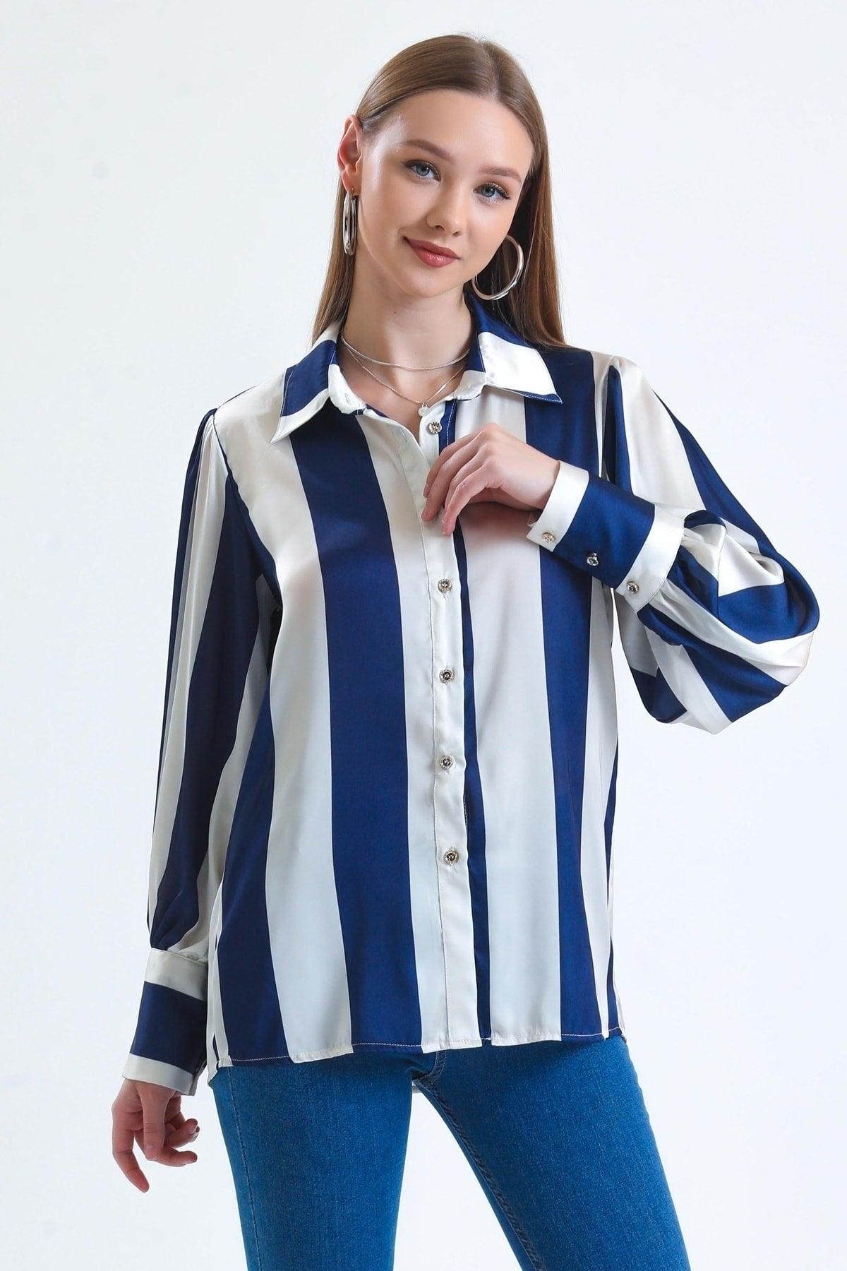 Women's Indigo Balloon Sleeve Ruffle Detailed Oversize Striped Satin Shirt - Swordslife