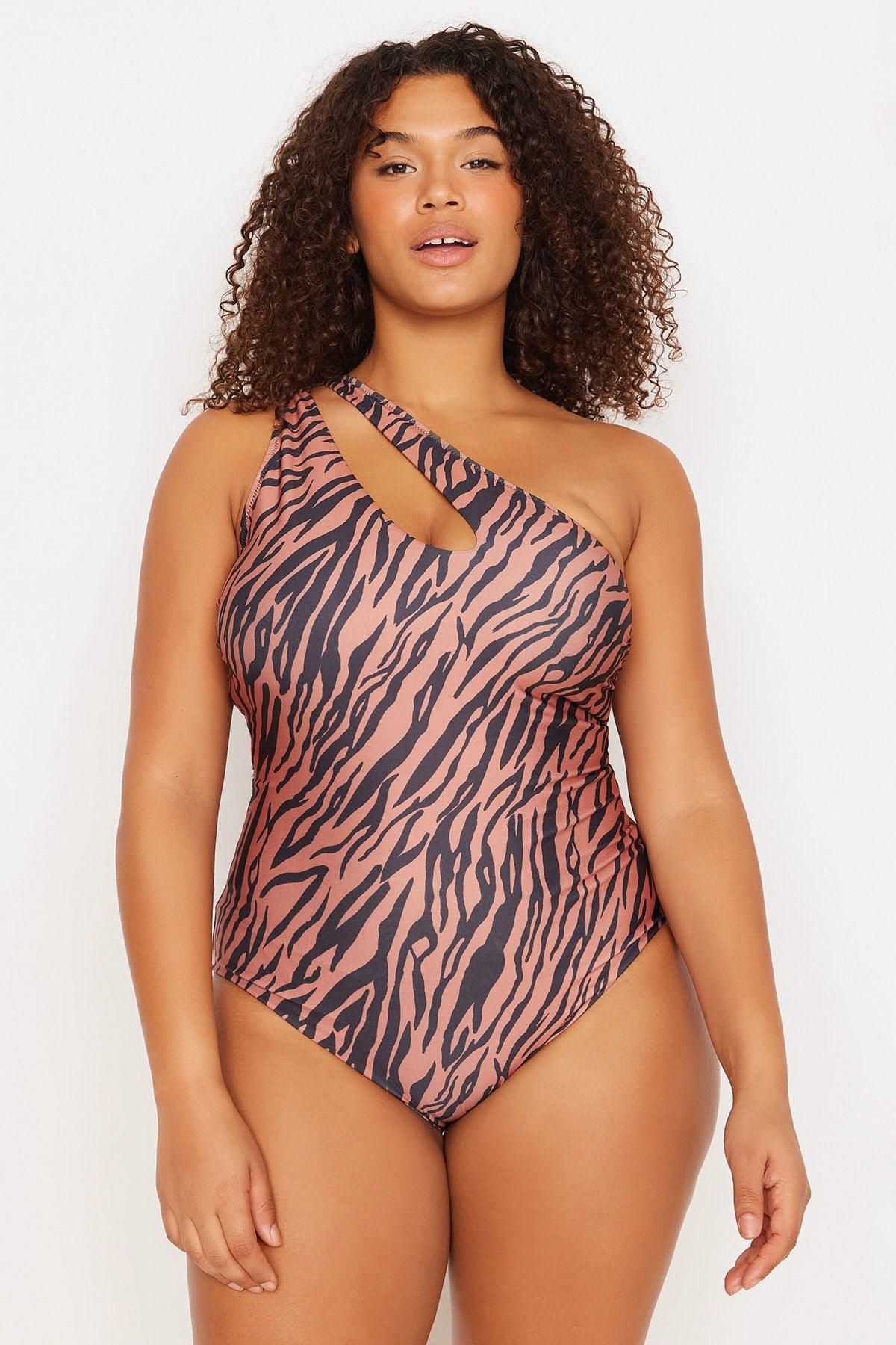 Beige Animal Patterned One Shoulder Swimsuit TBBSS22MA0315 - Swordslife