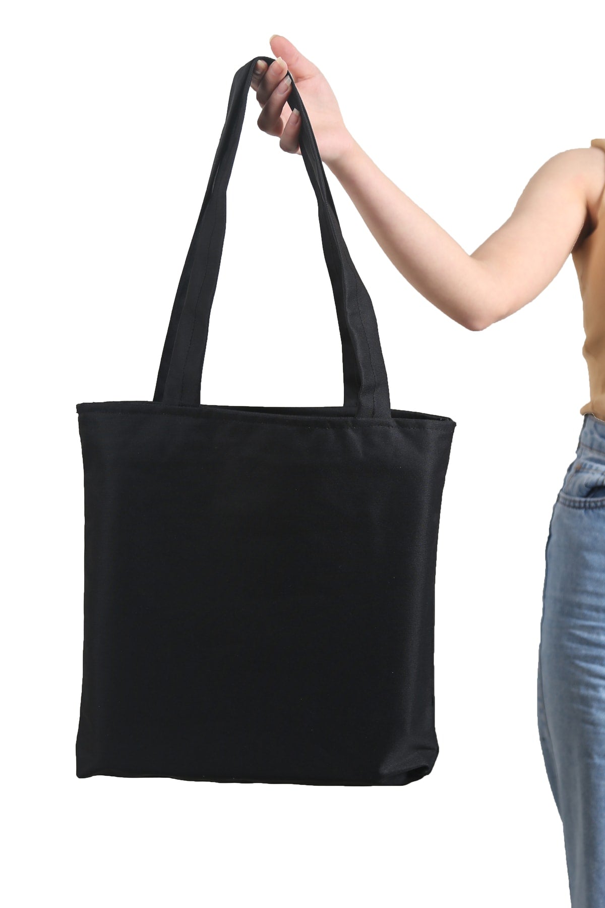 Women's Black Bag Zippered Hand And Shoulder Bag Canvas Fabric Tote Bag