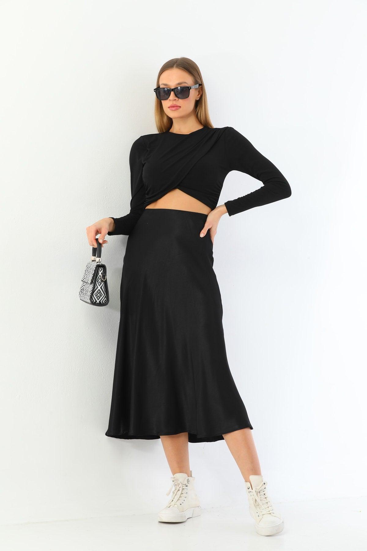 Black Viscose Satin Midi Skirt - Swordslife