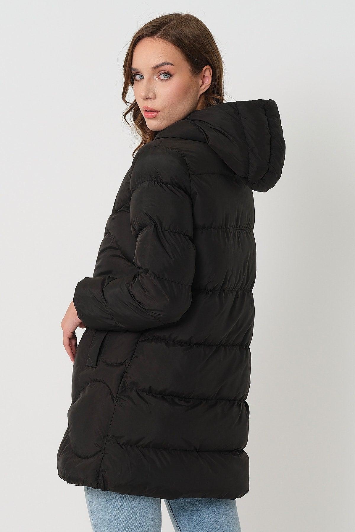 Women's Black Hooded Cord Detailed Down Jacket - Swordslife