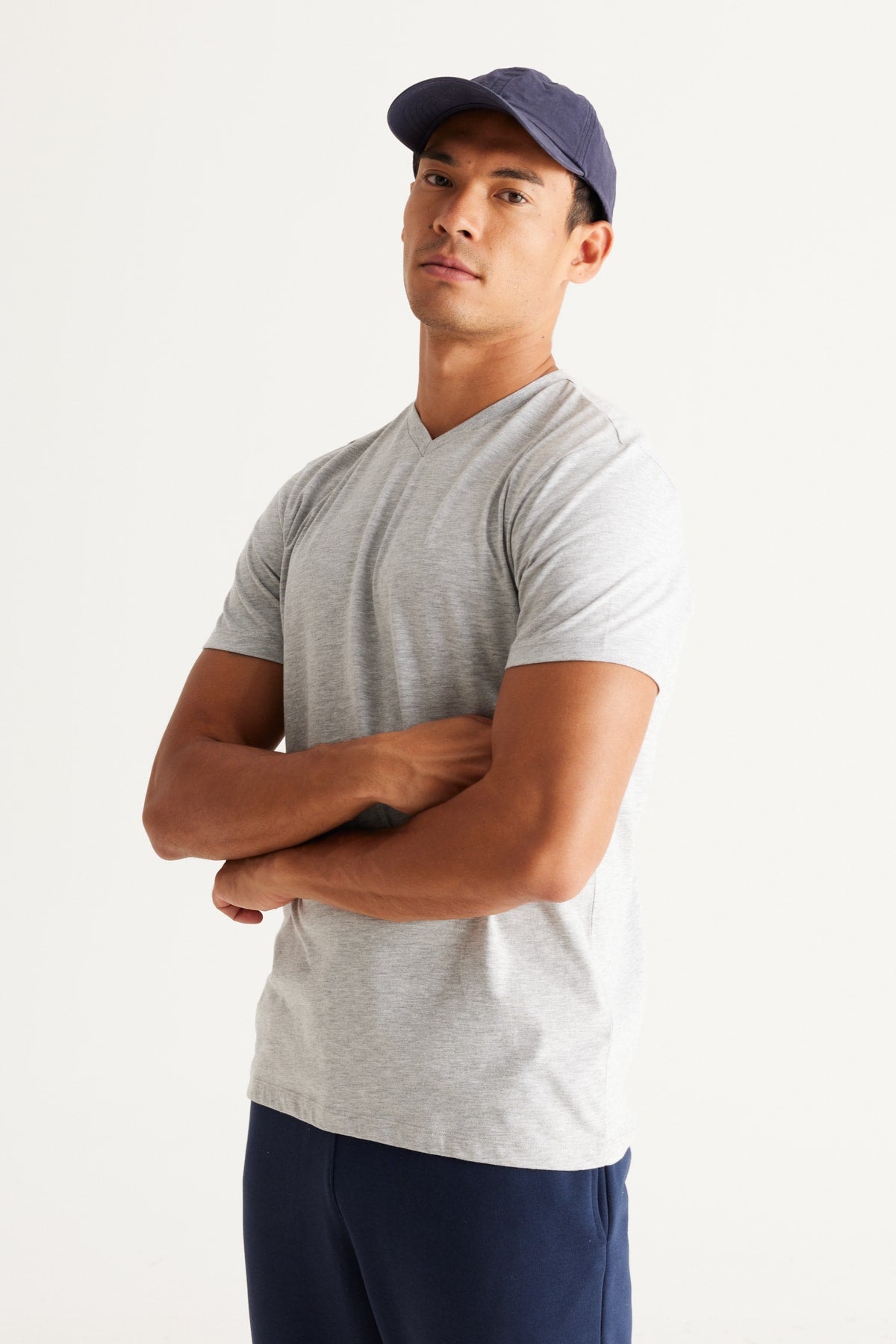 Men'S Gray Melange Cotton Slim Fit Slim Fit V-Neck Short Sleeved T-Shirt