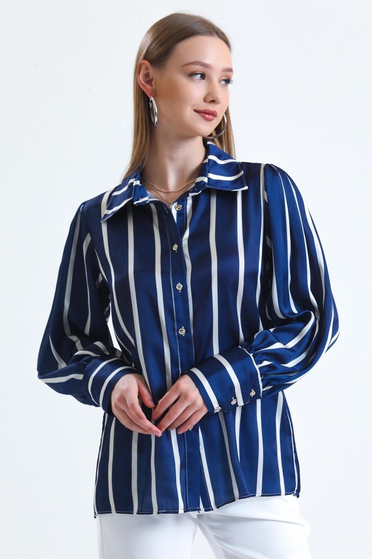 Women's Navy Blue Balloon Sleeve Ruffle Detailed Oversize Striped Satin Shirt - Swordslife