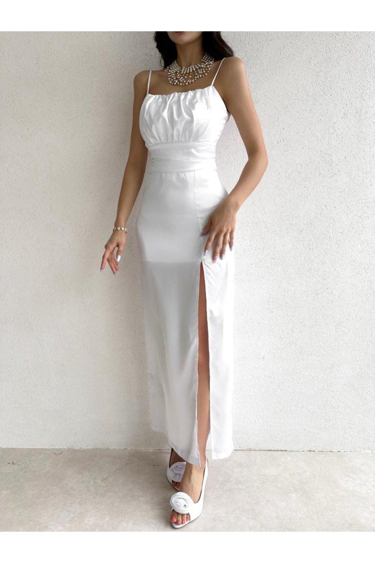 Thin Strapped Bust Draped White Satin Dress - Swordslife