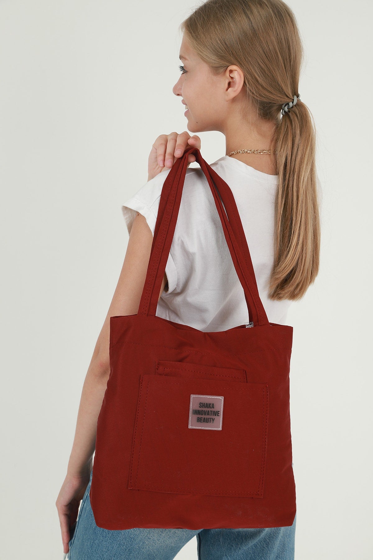 Claret Red U22 3-Compartment Front 2 Pocket Detailed Canvas Fabric Daily Women's Arm and Shoulder Bag B:35 E:35