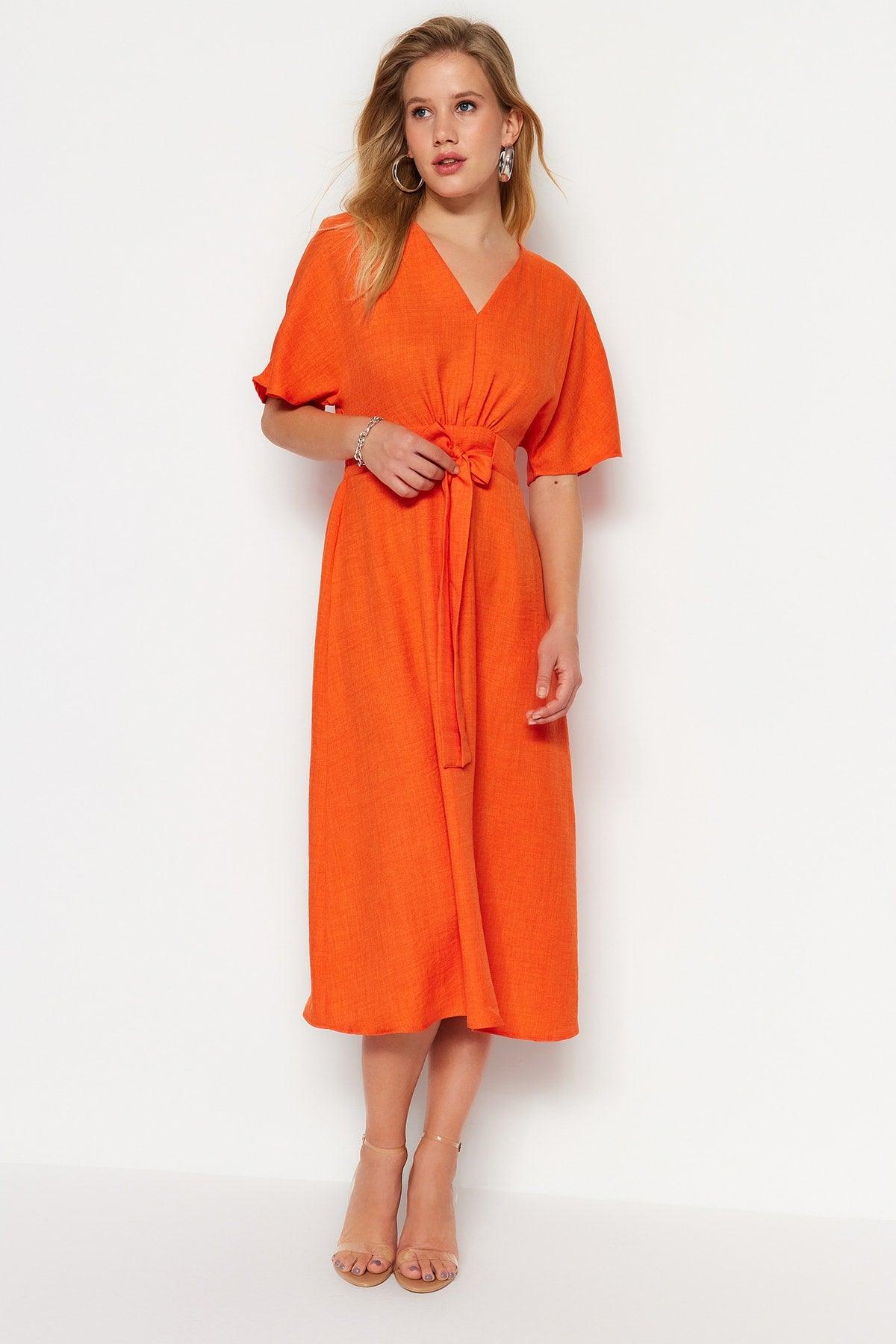 Orange Tie Detailed Midi Woven Dress TWOSS23EL01543 - Swordslife