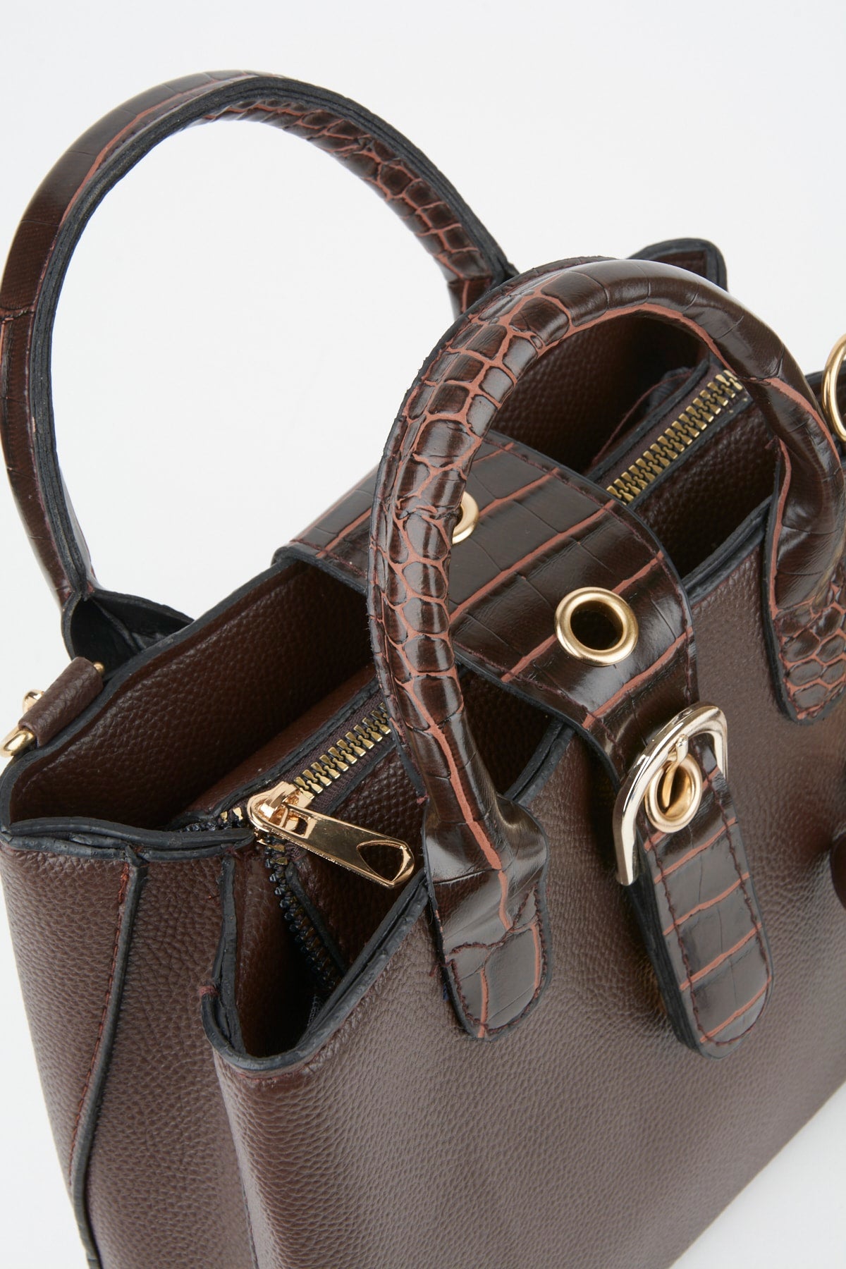 Women'S Bitter Brown Croco Handle 2 Compartment Snap Zipper Closure Hand And Shoulder Bag With Strap