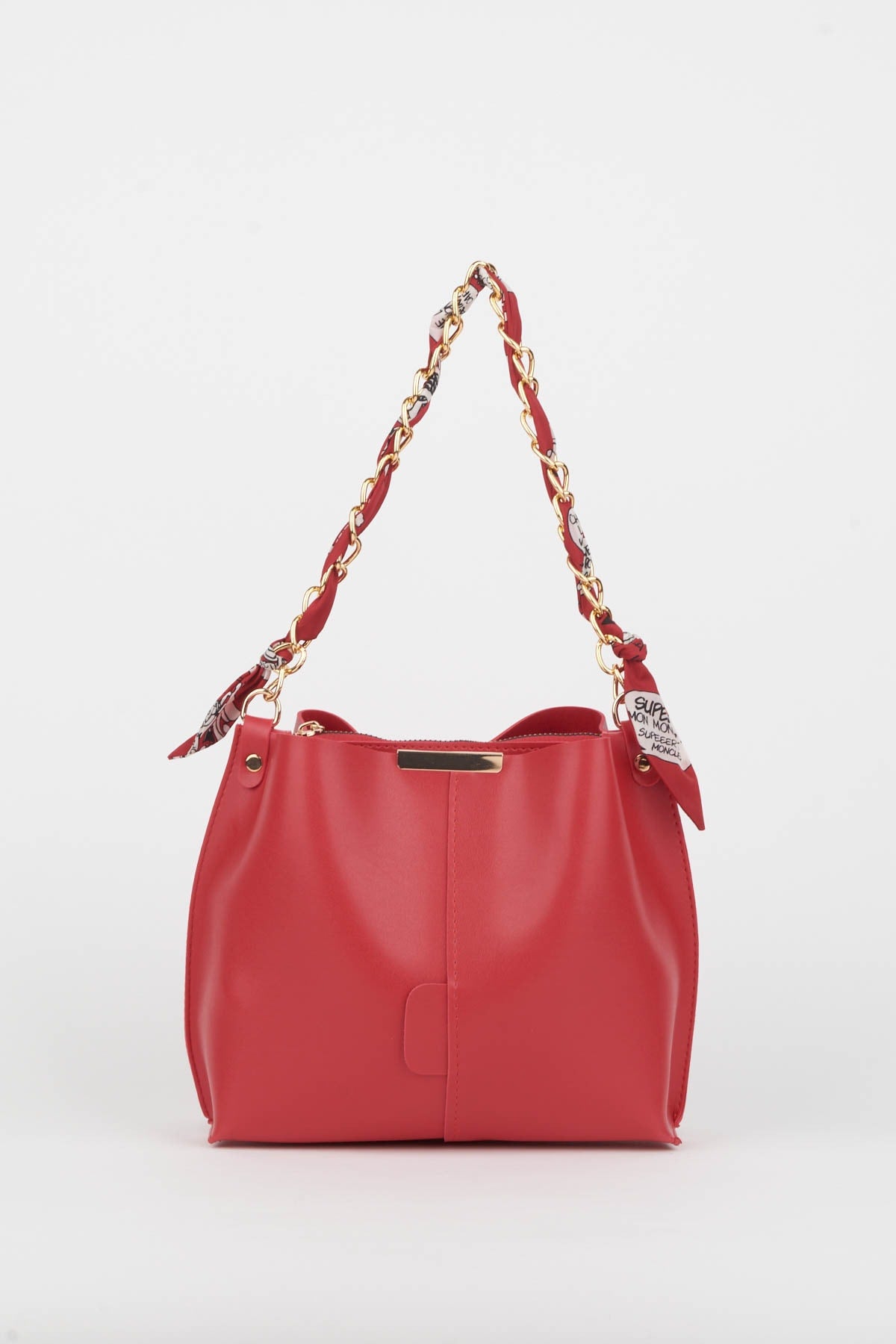 Women'S Red Scarf Chain Accessory Soft Leather 3-Compartment Hand, Arm And Shoulder Bag