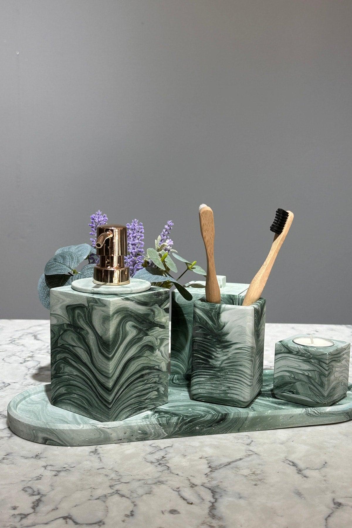 Marble Series Green Marble Look Artificial Flower Bathroom Set - Swordslife