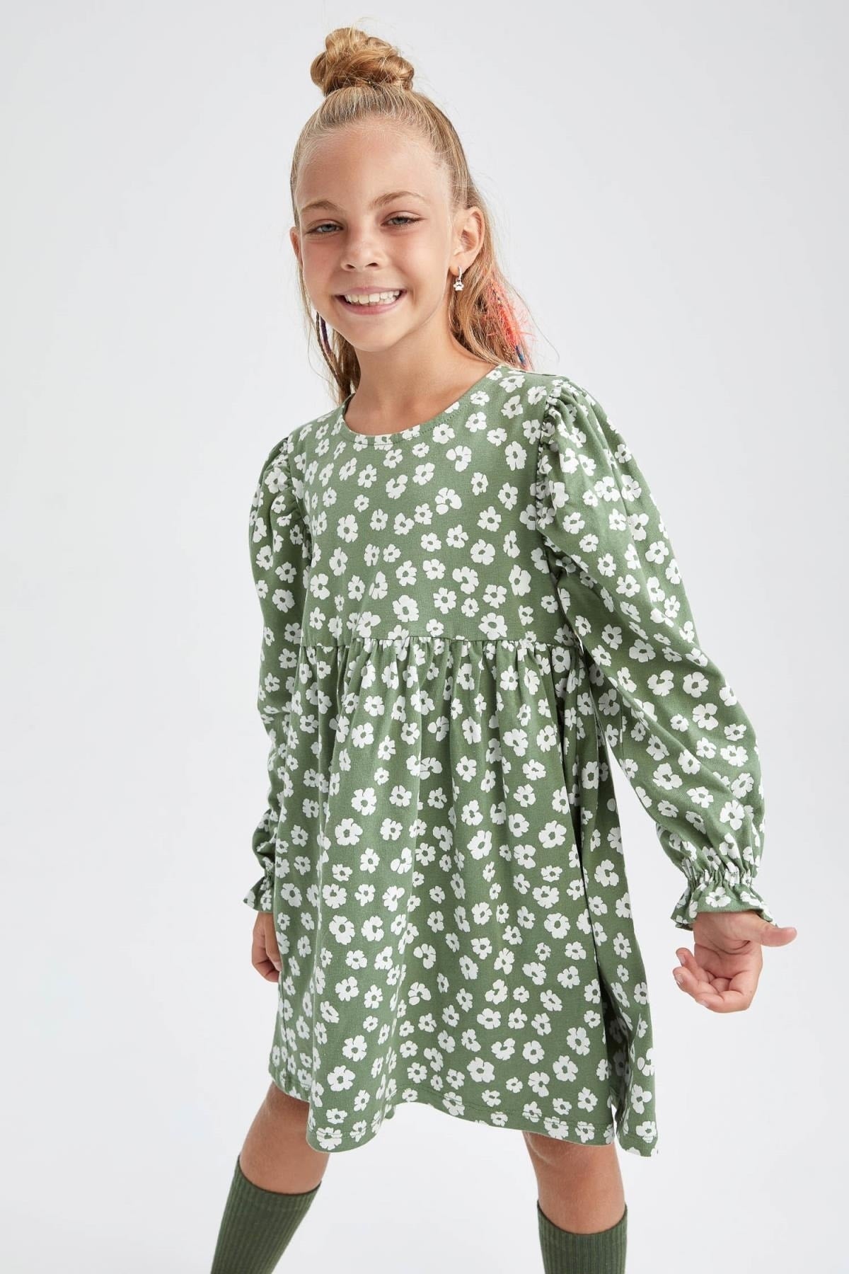 Girl Crew Neck Floral Long Sleeve Dress