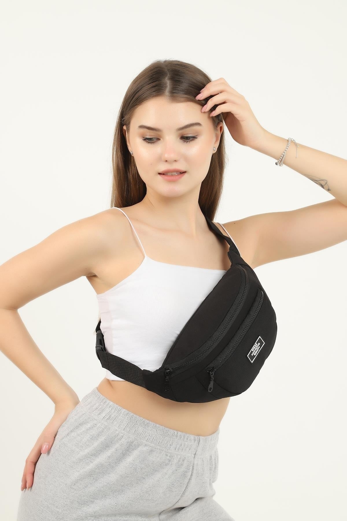 U8 Black 2 Compartment Unisex Waist Bag Width:38 Length:17 Width:7