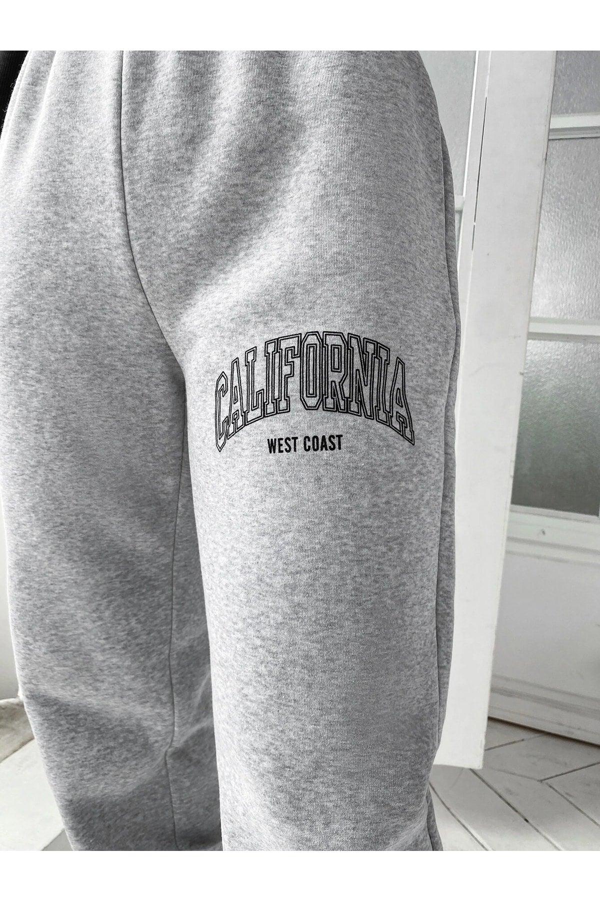 California Printed Jogger Sweatpants - Grey, Elastic Legs, Pockets, High Waist, Summer - Swordslife