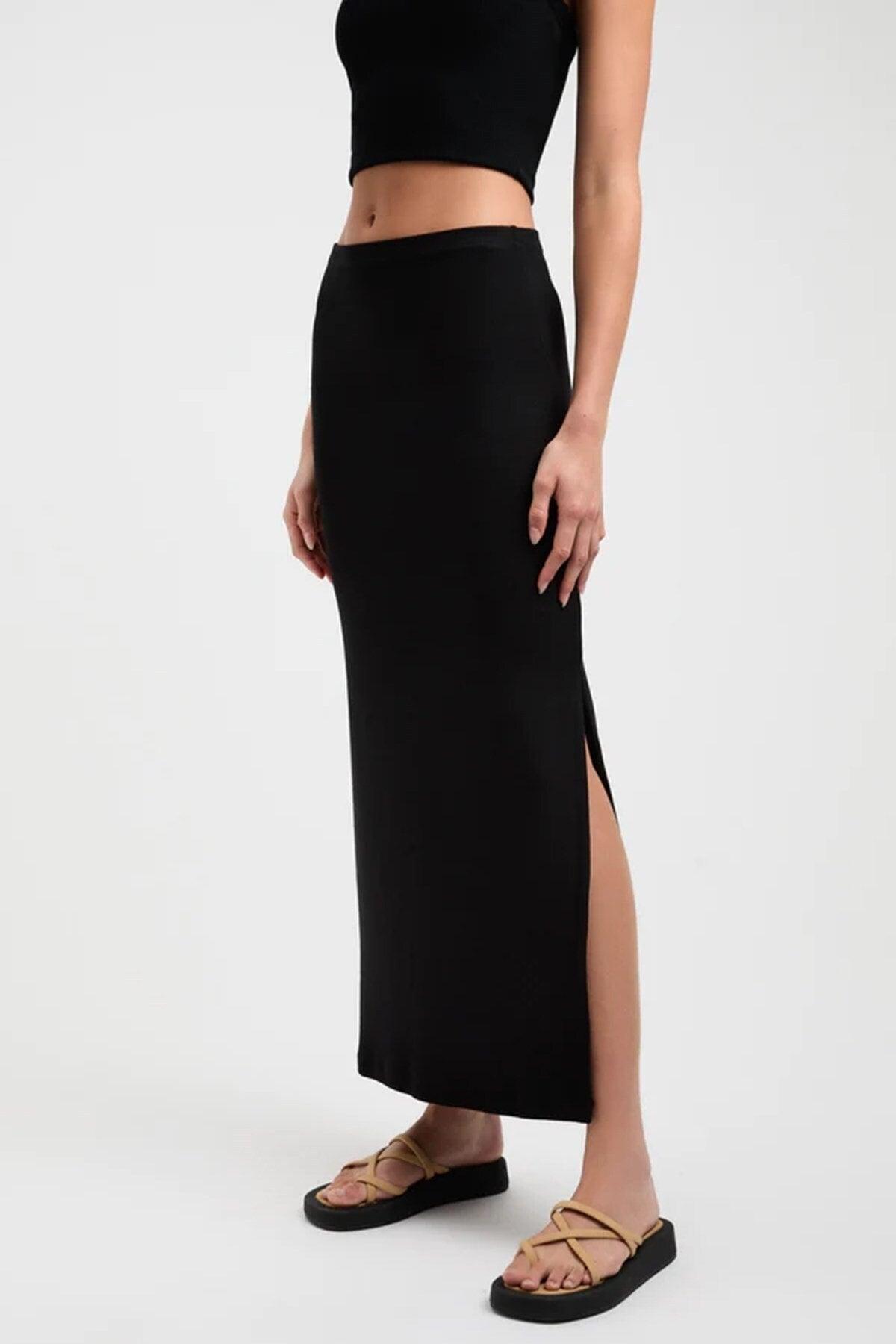 Black Basic Slit Detailed Women's Long Skirt Mg1650 - Swordslife