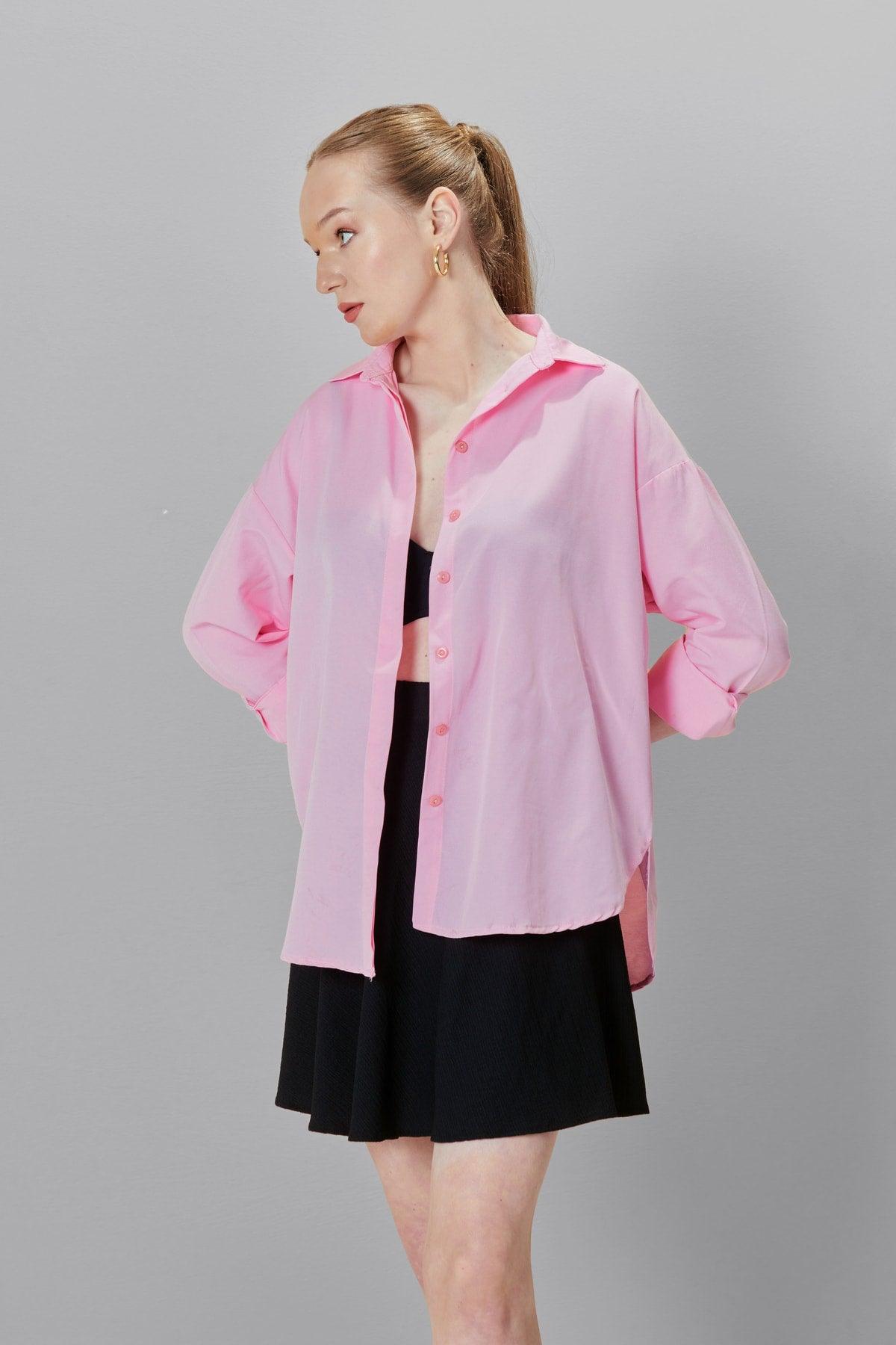 Women's Pink Oversize Long Basic Shirt - Swordslife