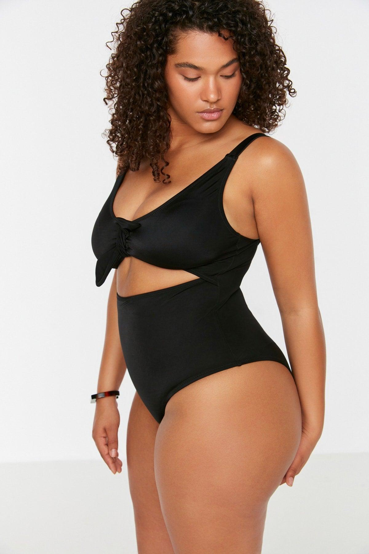 Black Cut Out Tie Detailed Swimsuit TBBSS22MA0302 - Swordslife