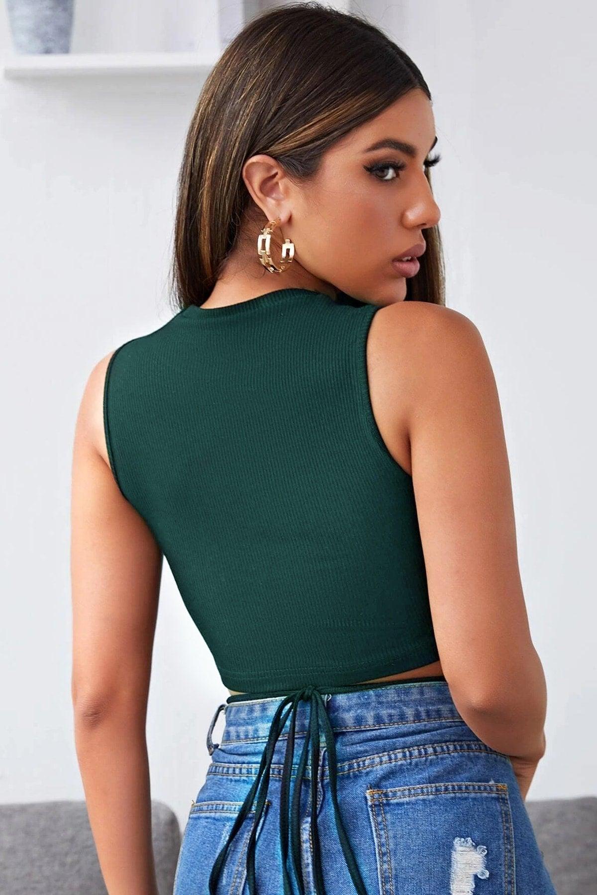 Women's Green Cross-Cover Crop Top Blouse - Swordslife