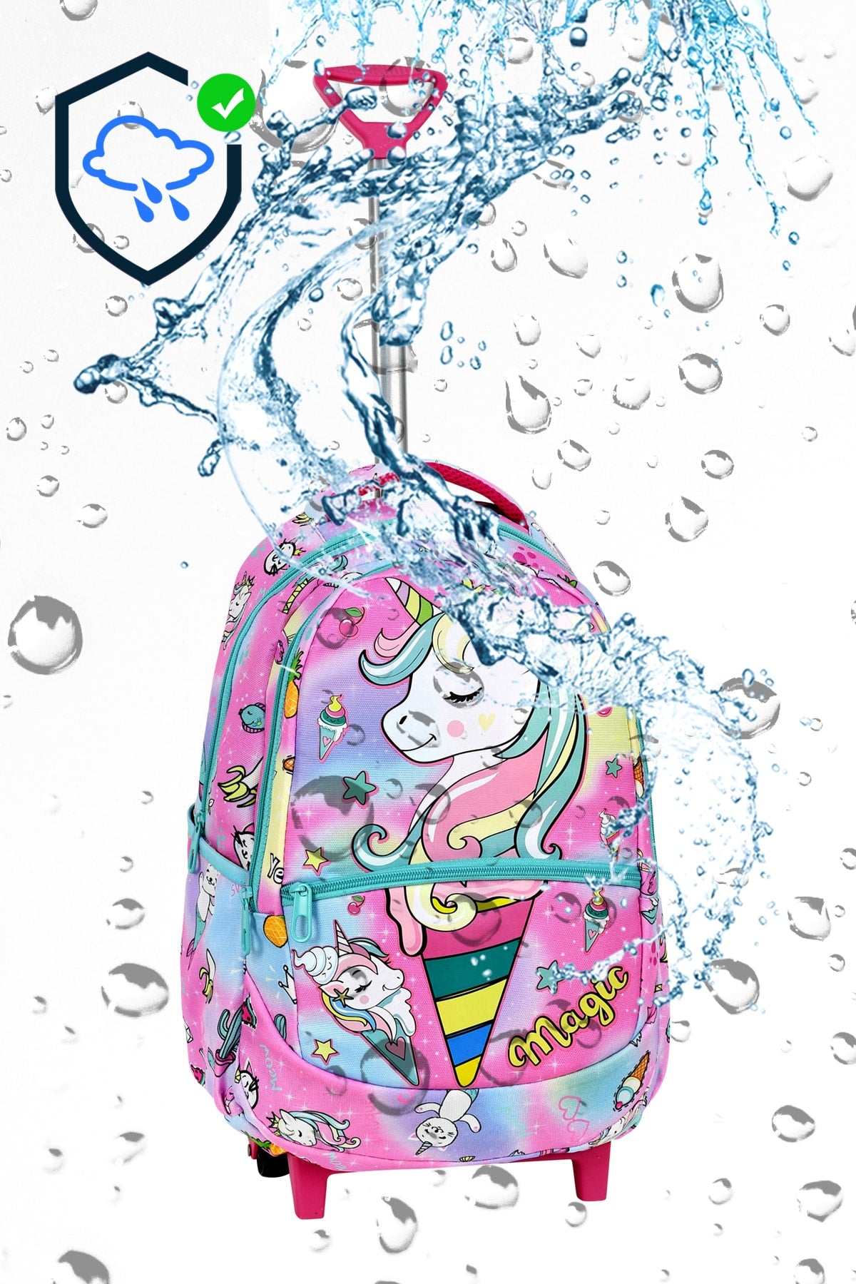 3-Pack School Set With Squeegee, Unicorn Pattern Primary School Bag + Lunch Box + Pencil Holder