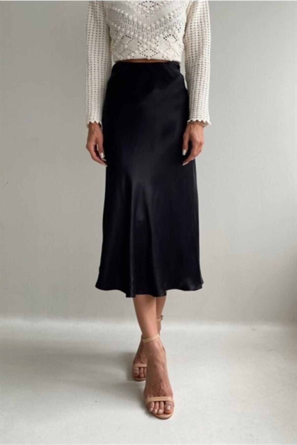 Summer Satin Viscose Midi Length Black Skirt - Swordslife