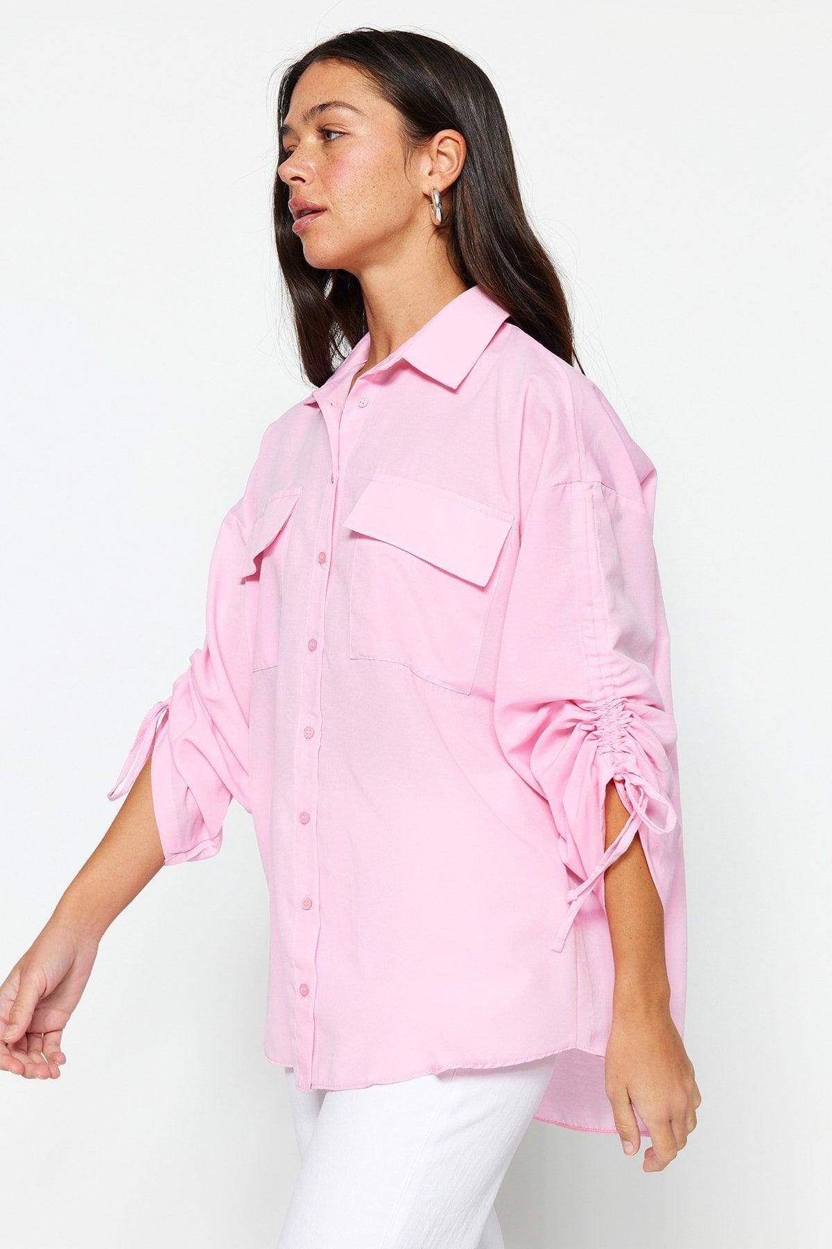 Light Pink Sleeves Adjustable Ruffle Detailed Woven Cotton Shirt TCTSS23TG00011 - Swordslife