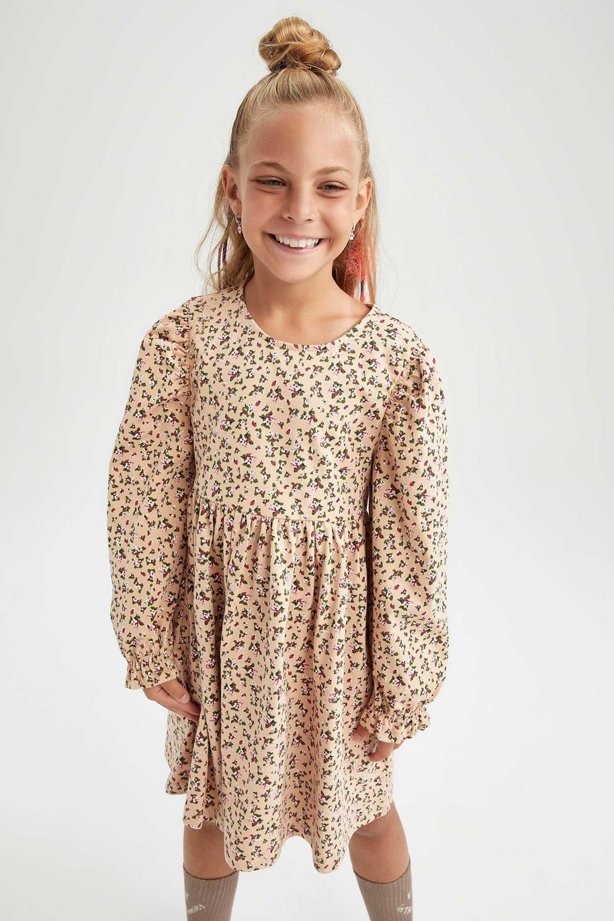 Girl Crew Neck Floral Long Sleeve Dress