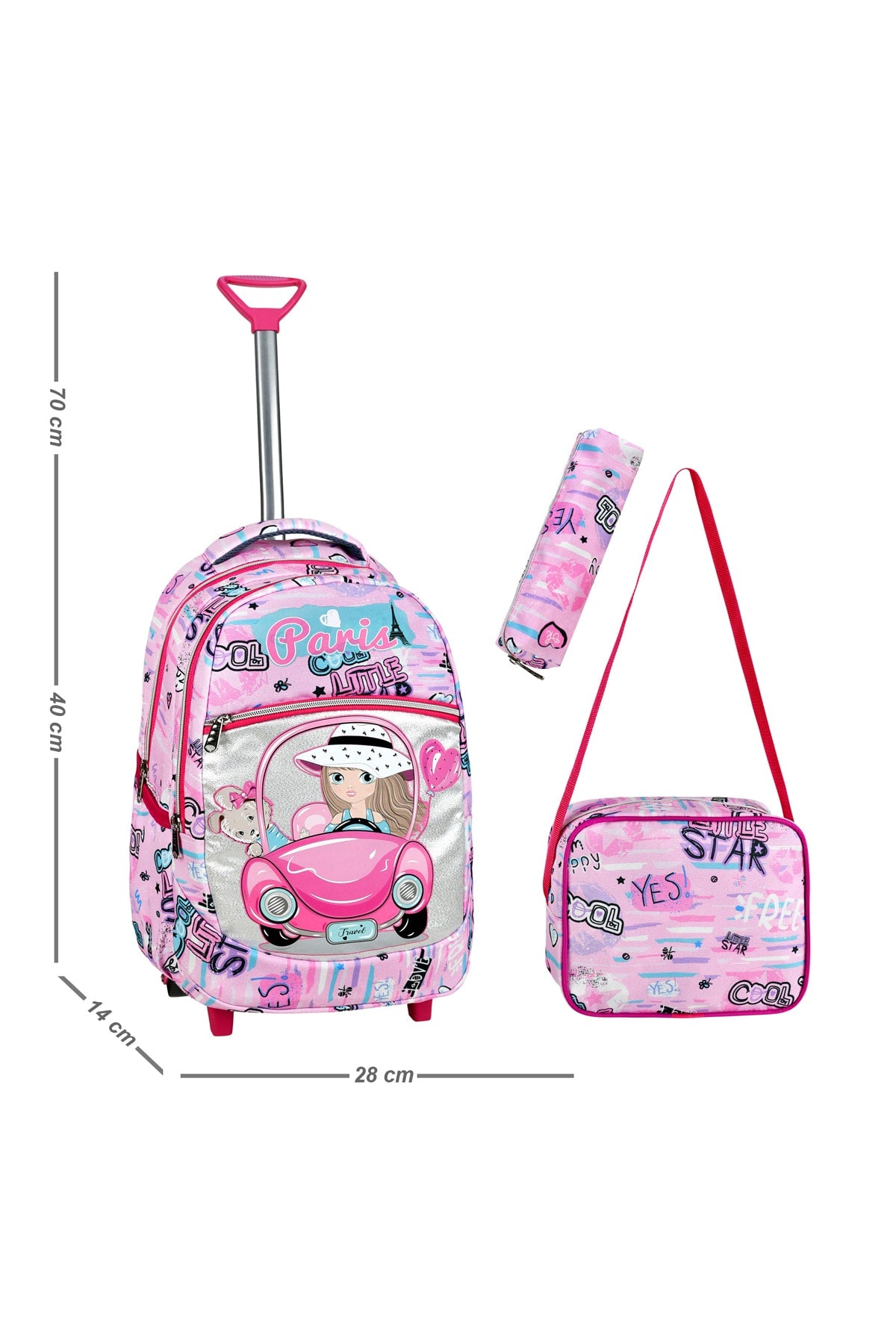 3 Pcs School Set With Squeegee, Pink Car Pattern Primary School Bag + Lunch Box + Pencil Holder